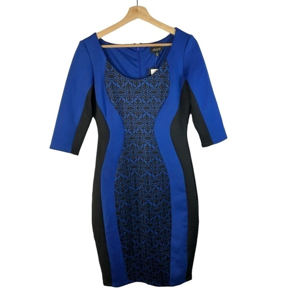 Chaya Royal Blue & Black Printed Half Sleeve Sheath Dress 10 - Picture 1 of 4